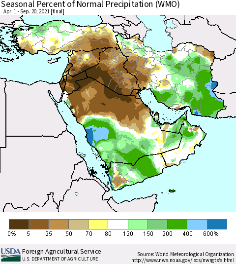 Middle East and Turkey Seasonal Percent of Normal Precipitation (WMO) Thematic Map For 4/1/2021 - 9/20/2021