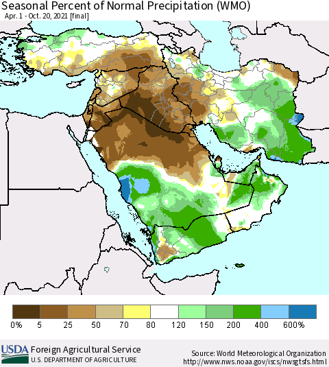 Middle East and Turkey Seasonal Percent of Normal Precipitation (WMO) Thematic Map For 4/1/2021 - 10/20/2021