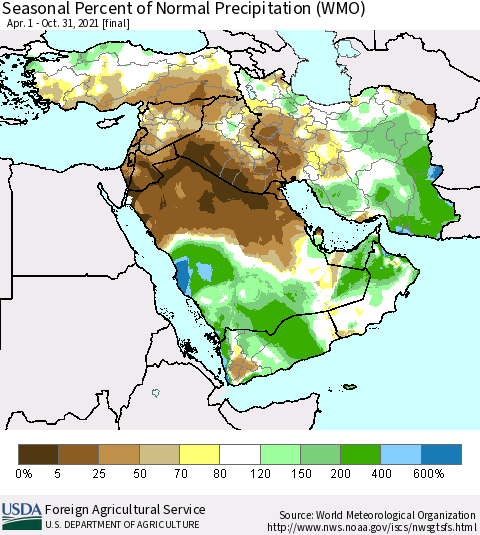 Middle East and Turkey Seasonal Percent of Normal Precipitation (WMO) Thematic Map For 4/1/2021 - 10/31/2021