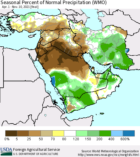 Middle East and Turkey Seasonal Percent of Normal Precipitation (WMO) Thematic Map For 4/1/2021 - 11/10/2021