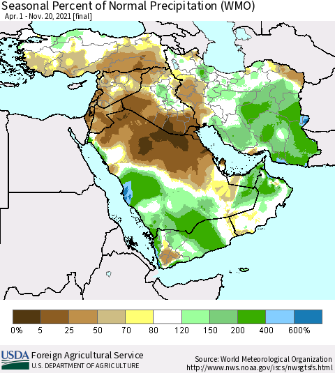 Middle East and Turkey Seasonal Percent of Normal Precipitation (WMO) Thematic Map For 4/1/2021 - 11/20/2021