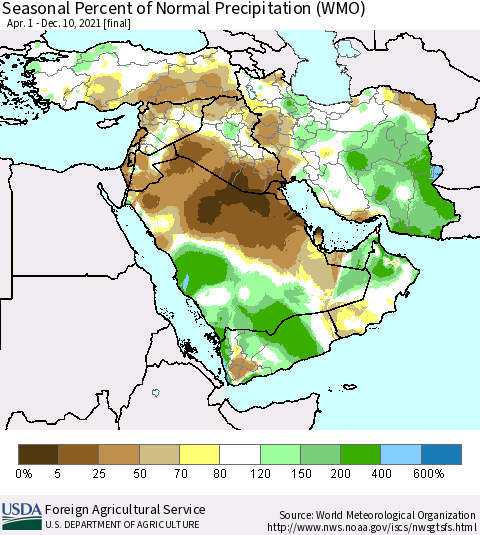 Middle East and Turkey Seasonal Percent of Normal Precipitation (WMO) Thematic Map For 4/1/2021 - 12/10/2021