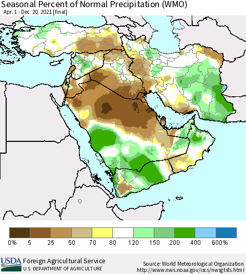 Middle East and Turkey Seasonal Percent of Normal Precipitation (WMO) Thematic Map For 4/1/2021 - 12/20/2021