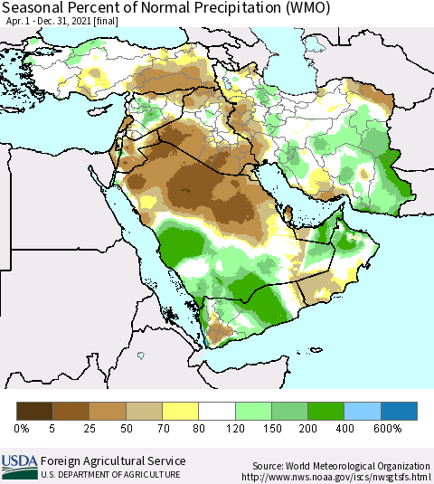 Middle East and Turkey Seasonal Percent of Normal Precipitation (WMO) Thematic Map For 4/1/2021 - 12/31/2021