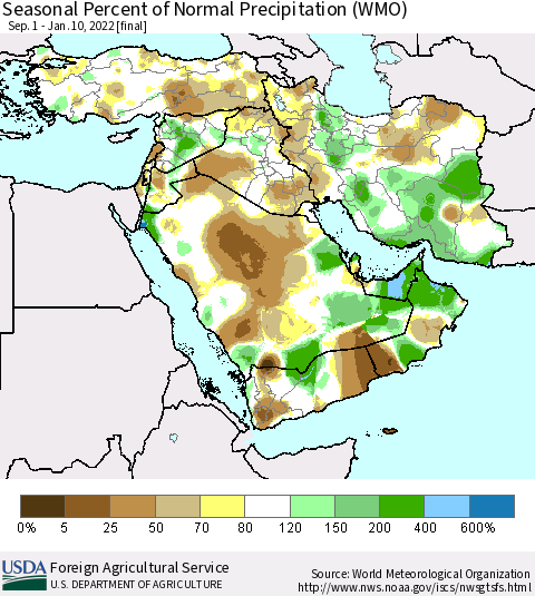 Middle East and Turkey Seasonal Percent of Normal Precipitation (WMO) Thematic Map For 9/1/2021 - 1/10/2022