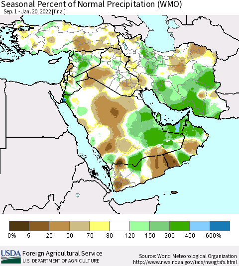 Middle East and Turkey Seasonal Percent of Normal Precipitation (WMO) Thematic Map For 9/1/2021 - 1/20/2022