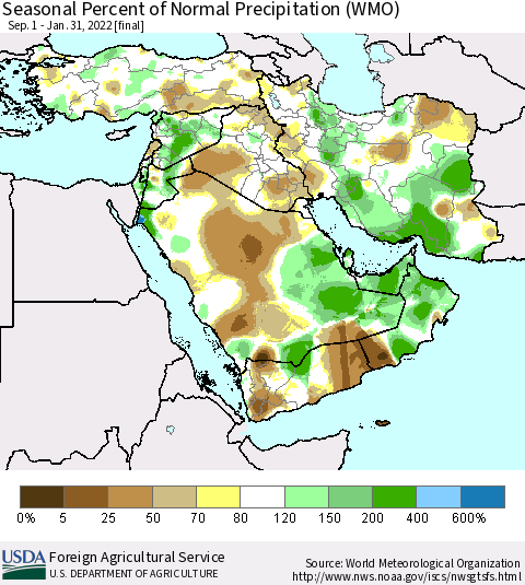 Middle East and Turkey Seasonal Percent of Normal Precipitation (WMO) Thematic Map For 9/1/2021 - 1/31/2022