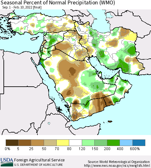 Middle East and Turkey Seasonal Percent of Normal Precipitation (WMO) Thematic Map For 9/1/2021 - 2/10/2022