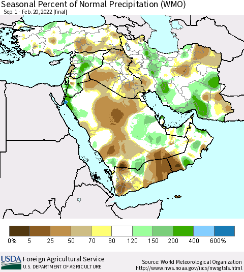 Middle East and Turkey Seasonal Percent of Normal Precipitation (WMO) Thematic Map For 9/1/2021 - 2/20/2022