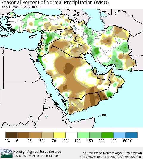Middle East and Turkey Seasonal Percent of Normal Precipitation (WMO) Thematic Map For 9/1/2021 - 3/10/2022