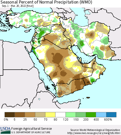 Middle East and Turkey Seasonal Percent of Normal Precipitation (WMO) Thematic Map For 9/1/2021 - 3/20/2022