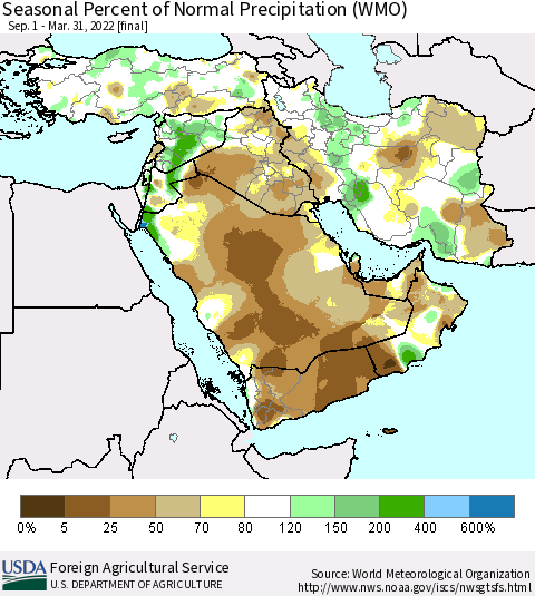 Middle East and Turkey Seasonal Percent of Normal Precipitation (WMO) Thematic Map For 9/1/2021 - 3/31/2022