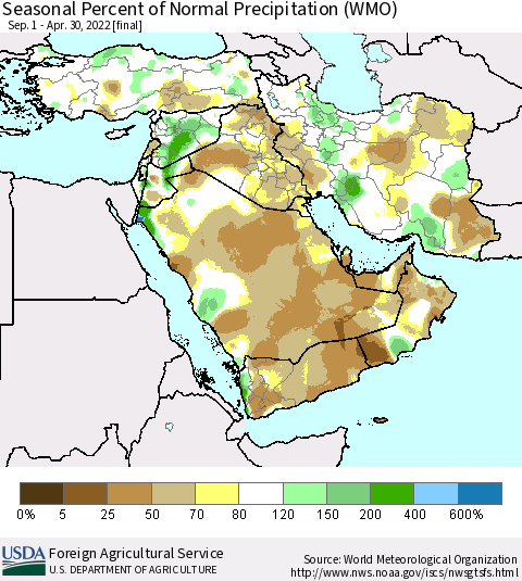 Middle East and Turkey Seasonal Percent of Normal Precipitation (WMO) Thematic Map For 9/1/2021 - 4/30/2022