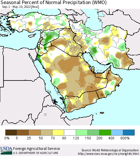 Middle East and Turkey Seasonal Percent of Normal Precipitation (WMO) Thematic Map For 9/1/2021 - 5/10/2022