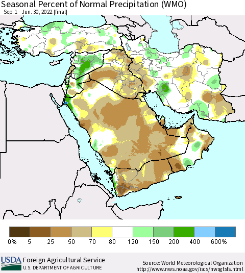 Middle East and Turkey Seasonal Percent of Normal Precipitation (WMO) Thematic Map For 9/1/2021 - 6/30/2022