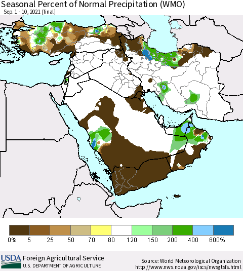 Middle East and Turkey Seasonal Percent of Normal Precipitation (WMO) Thematic Map For 9/1/2021 - 9/10/2021