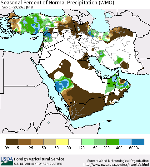 Middle East and Turkey Seasonal Percent of Normal Precipitation (WMO) Thematic Map For 9/1/2021 - 9/20/2021
