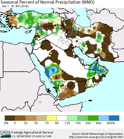 Middle East and Turkey Seasonal Percent of Normal Precipitation (WMO) Thematic Map For 9/1/2021 - 9/30/2021