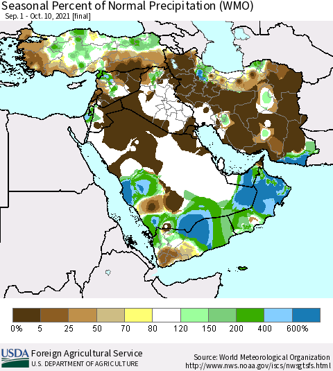 Middle East and Turkey Seasonal Percent of Normal Precipitation (WMO) Thematic Map For 9/1/2021 - 10/10/2021