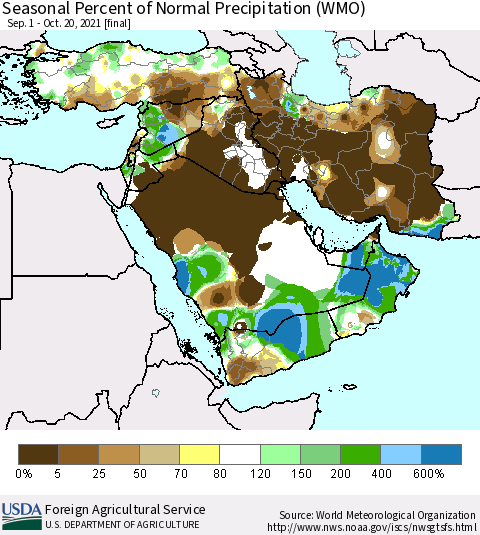 Middle East and Turkey Seasonal Percent of Normal Precipitation (WMO) Thematic Map For 9/1/2021 - 10/20/2021