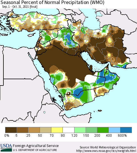 Middle East and Turkey Seasonal Percent of Normal Precipitation (WMO) Thematic Map For 9/1/2021 - 10/31/2021