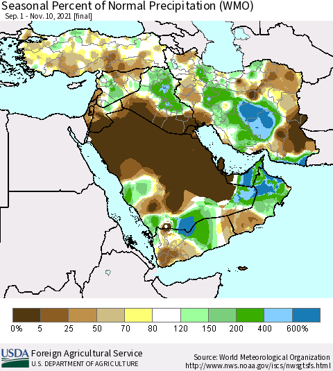 Middle East and Turkey Seasonal Percent of Normal Precipitation (WMO) Thematic Map For 9/1/2021 - 11/10/2021