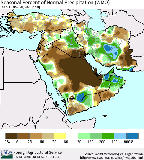 Middle East and Turkey Seasonal Percent of Normal Precipitation (WMO) Thematic Map For 9/1/2021 - 11/20/2021