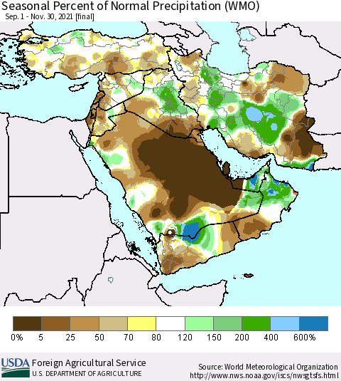 Middle East and Turkey Seasonal Percent of Normal Precipitation (WMO) Thematic Map For 9/1/2021 - 11/30/2021