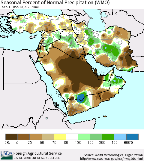 Middle East and Turkey Seasonal Percent of Normal Precipitation (WMO) Thematic Map For 9/1/2021 - 12/10/2021