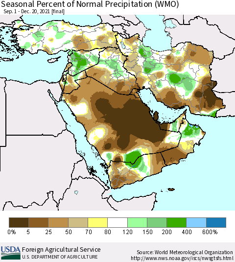 Middle East and Turkey Seasonal Percent of Normal Precipitation (WMO) Thematic Map For 9/1/2021 - 12/20/2021