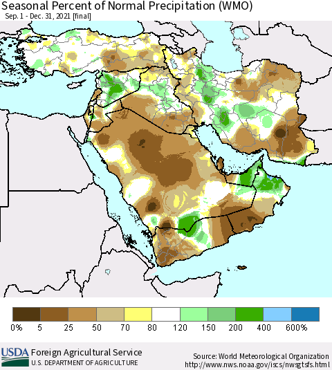 Middle East and Turkey Seasonal Percent of Normal Precipitation (WMO) Thematic Map For 9/1/2021 - 12/31/2021