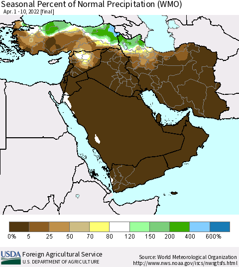 Middle East and Turkey Seasonal Percent of Normal Precipitation (WMO) Thematic Map For 4/1/2022 - 4/10/2022
