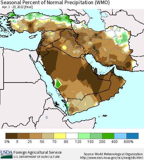 Middle East and Turkey Seasonal Percent of Normal Precipitation (WMO) Thematic Map For 4/1/2022 - 4/20/2022