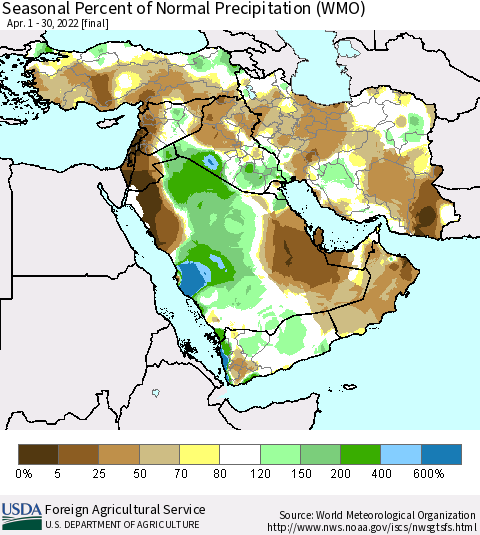 Middle East and Turkey Seasonal Percent of Normal Precipitation (WMO) Thematic Map For 4/1/2022 - 4/30/2022