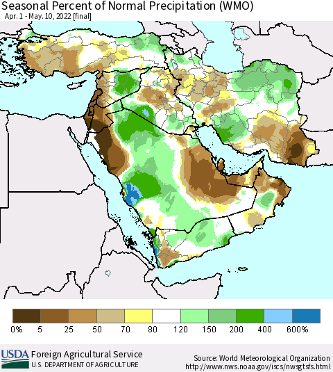 Middle East and Turkey Seasonal Percent of Normal Precipitation (WMO) Thematic Map For 4/1/2022 - 5/10/2022