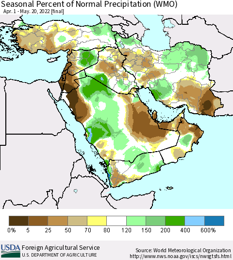 Middle East and Turkey Seasonal Percent of Normal Precipitation (WMO) Thematic Map For 4/1/2022 - 5/20/2022