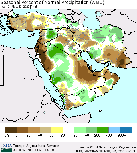 Middle East and Turkey Seasonal Percent of Normal Precipitation (WMO) Thematic Map For 4/1/2022 - 5/31/2022