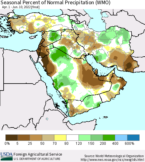 Middle East and Turkey Seasonal Percent of Normal Precipitation (WMO) Thematic Map For 4/1/2022 - 6/10/2022
