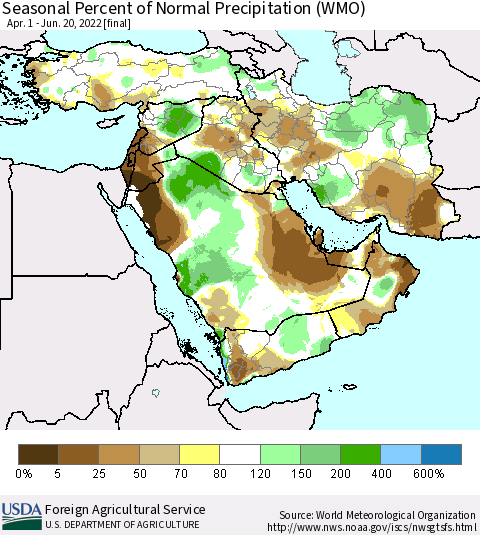 Middle East and Turkey Seasonal Percent of Normal Precipitation (WMO) Thematic Map For 4/1/2022 - 6/20/2022