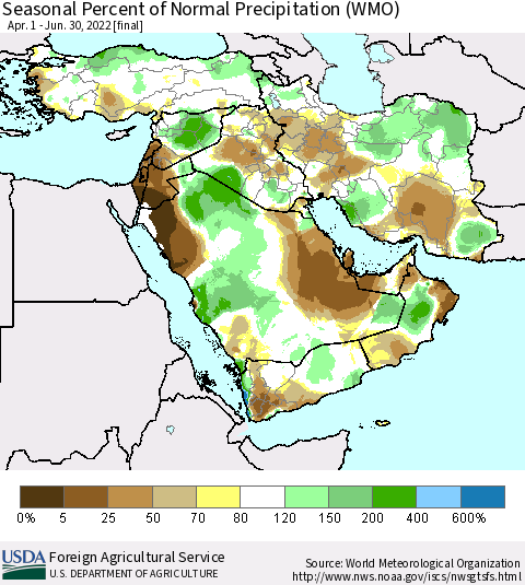 Middle East and Turkey Seasonal Percent of Normal Precipitation (WMO) Thematic Map For 4/1/2022 - 6/30/2022