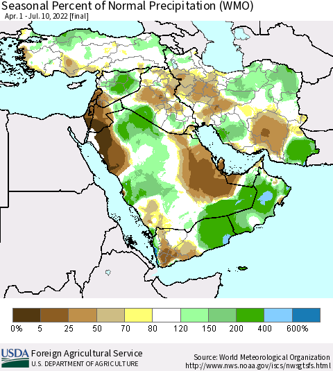 Middle East and Turkey Seasonal Percent of Normal Precipitation (WMO) Thematic Map For 4/1/2022 - 7/10/2022