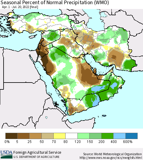 Middle East and Turkey Seasonal Percent of Normal Precipitation (WMO) Thematic Map For 4/1/2022 - 7/20/2022