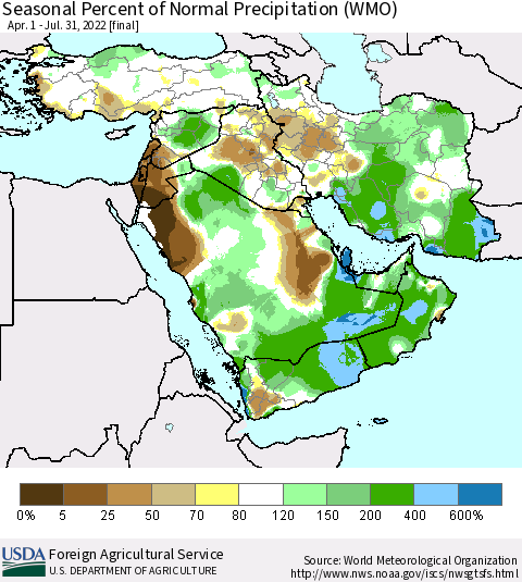 Middle East and Turkey Seasonal Percent of Normal Precipitation (WMO) Thematic Map For 4/1/2022 - 7/31/2022