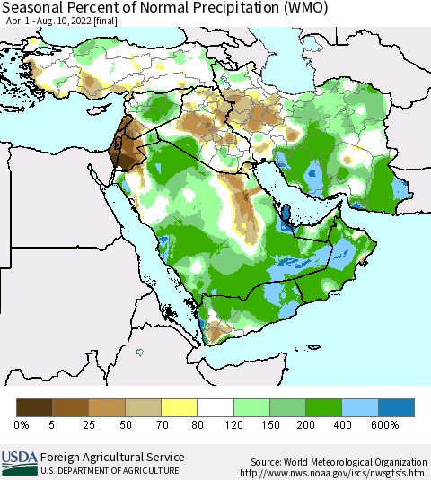 Middle East and Turkey Seasonal Percent of Normal Precipitation (WMO) Thematic Map For 4/1/2022 - 8/10/2022