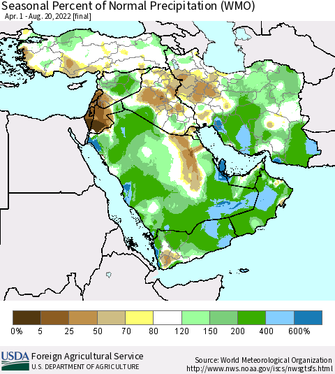 Middle East and Turkey Seasonal Percent of Normal Precipitation (WMO) Thematic Map For 4/1/2022 - 8/20/2022