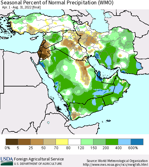 Middle East and Turkey Seasonal Percent of Normal Precipitation (WMO) Thematic Map For 4/1/2022 - 8/31/2022
