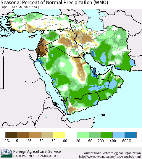 Middle East and Turkey Seasonal Percent of Normal Precipitation (WMO) Thematic Map For 4/1/2022 - 9/20/2022