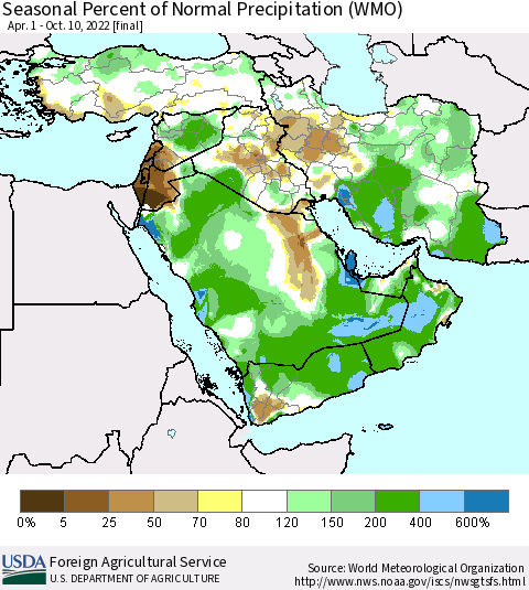 Middle East and Turkey Seasonal Percent of Normal Precipitation (WMO) Thematic Map For 4/1/2022 - 10/10/2022