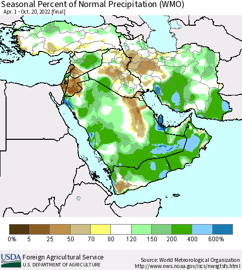 Middle East and Turkey Seasonal Percent of Normal Precipitation (WMO) Thematic Map For 4/1/2022 - 10/20/2022