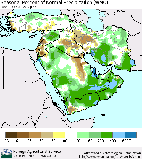 Middle East and Turkey Seasonal Percent of Normal Precipitation (WMO) Thematic Map For 4/1/2022 - 10/31/2022